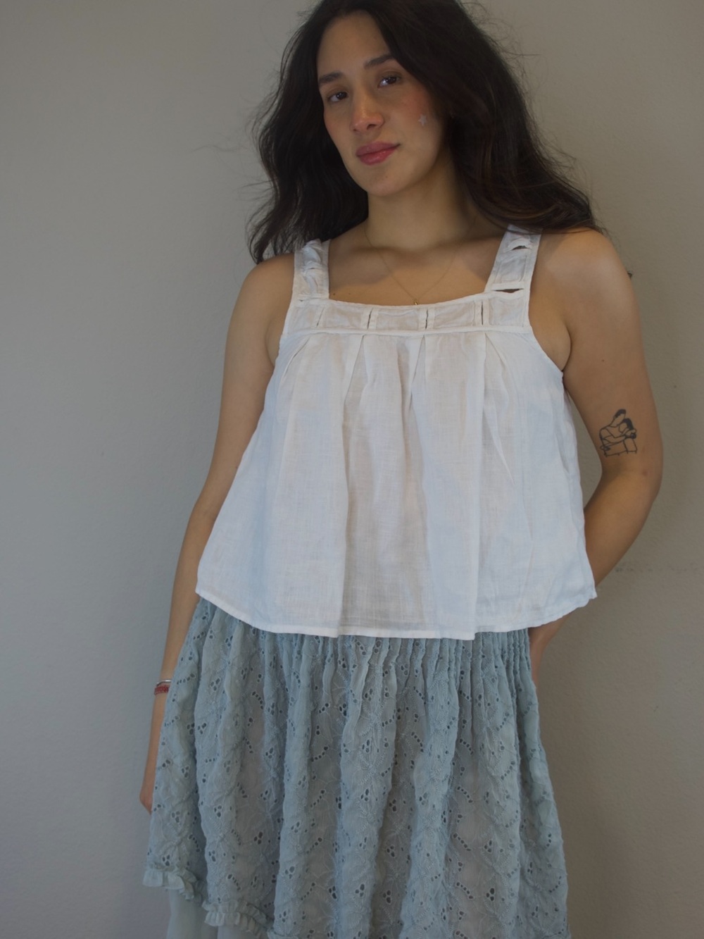 Madewell White Linen Ladder-Trim Square-Neck Tank Top Size S